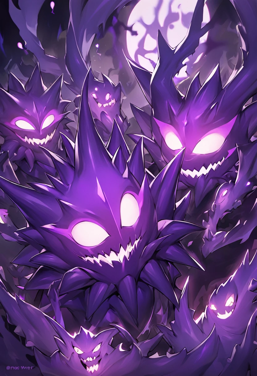 Cursed spirit of purple flames, devious and mischievous. A little balls of purple flames with two dots as their eyes and spiny smiling mouth, grinning at their own thoughts. They has no physical body and don't look like a human in any kind, more similar to will-o'-the-wisp spirits.