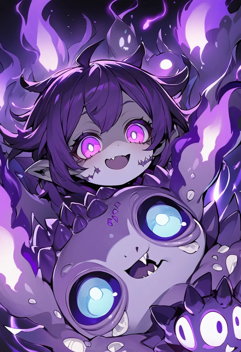 Cursed spirit of purple flames, devious and mischievous. A little balls of purple flames with two dots as their eyes and spiny smiling mouth, grinning at their own thoughts. They has no physical body and don't look like a human in any kind, more similar to will-o'-the-wisp spirits. 