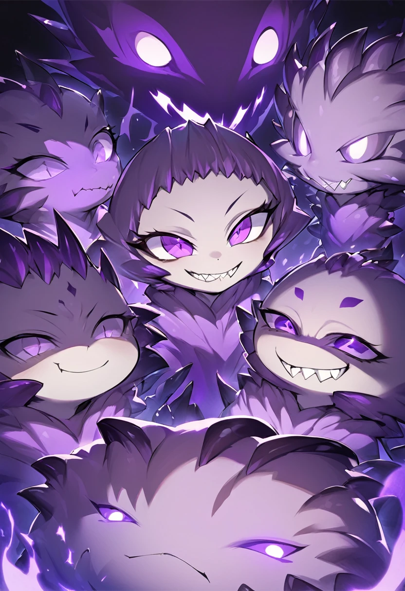Cursed spirit of purple flames, devious and mischievous. A little balls of purple flames with two dots as their eyes and spiny smiling mouth, grinning at their own thoughts. They has no physical body and don't look like a human in any kind, more similar to will-o'-the-wisp spirits. 