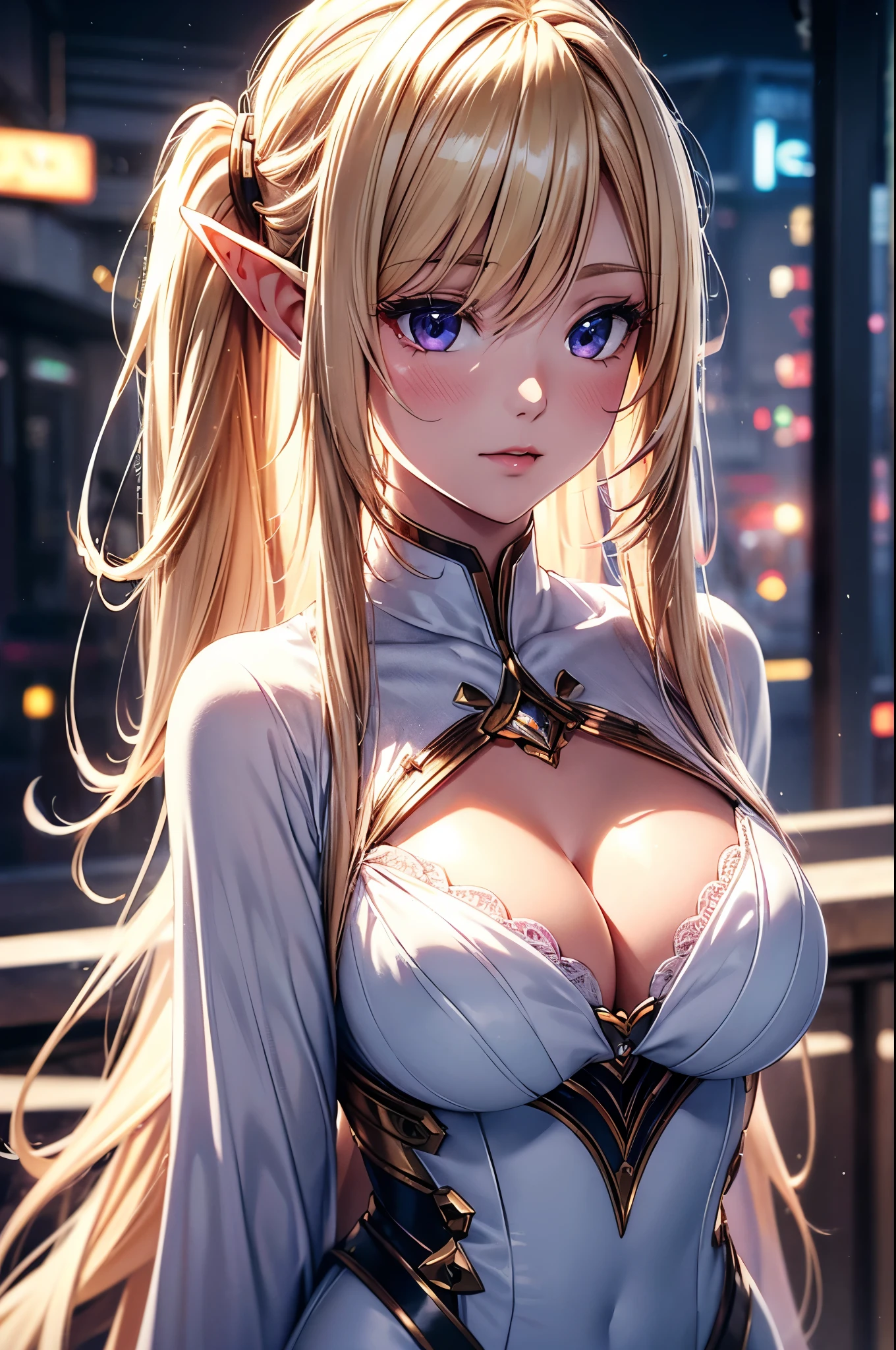 1 elf girl, one person solo, (beautiful elf lady in loving), honey blonde hair Gradient sliver white end, (absurdly long wavy hair), hair strand, single sidelock, shiny hair, (symphony purple eyes), high-detailed and delicate eyes, colourful eyes makeup, red lips, ultra detailed facial, upturned elf pointy ears, porcelain skin, warm tone skin, little blush, whole body, extreme detailed, break, 
  Extra long white detailed classic dress, Graphic printing clothes, classic and simple clothing masterpiece, (several heart swirl around the body), ( _give heart:1.4
), break, 
  Walking on the street, in the cyberpunk future city, old street, starry night sky, meteor, cloud, neon, pink heart, detailed background, break, 
  Full body, photography art, shallow depth of field, 8K photo, chiaroscuro, sparkle, Volumetric lighting, Edge lighting, studio lighting, cinematic lighting, (realistic, photorealistic, photo-realistic:1.37), ultra-fine painting, break,
  Love theme anime, Loving theme illustration, (the art of crossover ancient classics with future technology), realism, イーブイの絵, best quality, 8K quality, 8K detail, masterpiece, highres,, CG unity, 