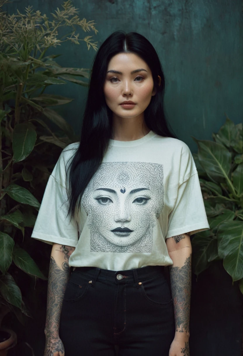 [[highly detailed face]], [[goddess face]], 90s woman. An Yakuza girl, oversized white graphical t shirt and black denim pants, full body image, she is covered in tattoos, long black hair, high quality images, unreal engine, perfect skin texture, goddess face, photo depth of field, shadows, grainy, seductive analog lofi (by Oleg Oprisco Laura Makabresku), wall, dimly lit, potted plant
