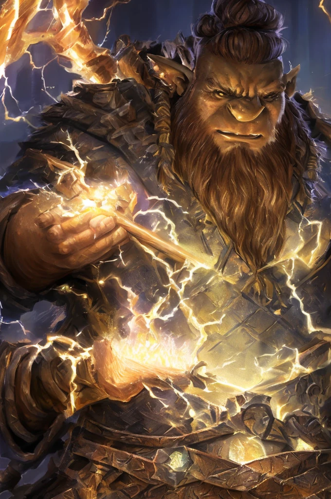close-up portrait, half-ogre, student, wizard robe, fat, bristle, unkempt, confused, brute, nerd, volumetric lightning
