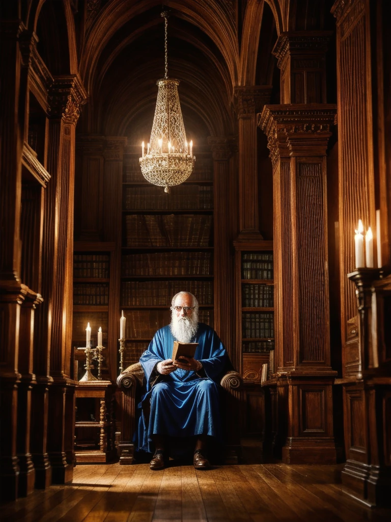 a 120 year old wizard sits in an ancient library,arcane scrolls,magical books,wands,staffs,magical trinkets,ancient artifacts,shelves,crystal ball,portals,magical energy,potions, Hyperrealistic art cinematic film still photography in the style of detailed hyperrealism photoshoot