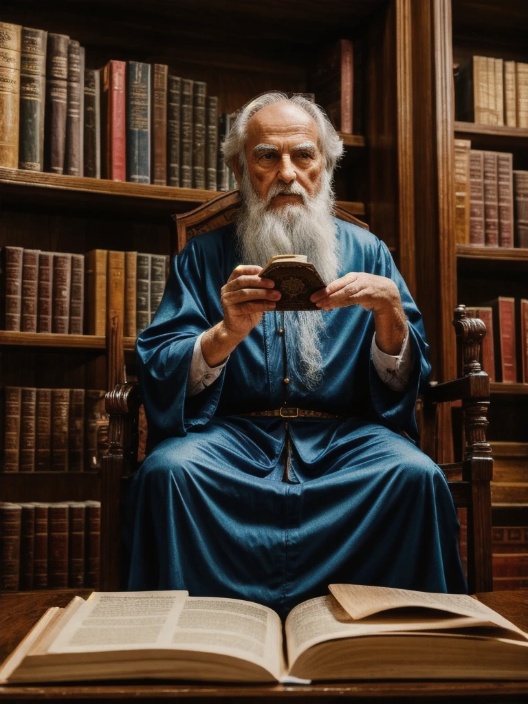 a 120 year old wizard sits in an ancient library,arcane scrolls,magical books,wands,staffs,magical trinkets,ancient artifacts,shelves,crystal ball,portals,magical energy,potions, Hyperrealistic art cinematic film still photography in the style of detailed hyperrealism photoshoot
