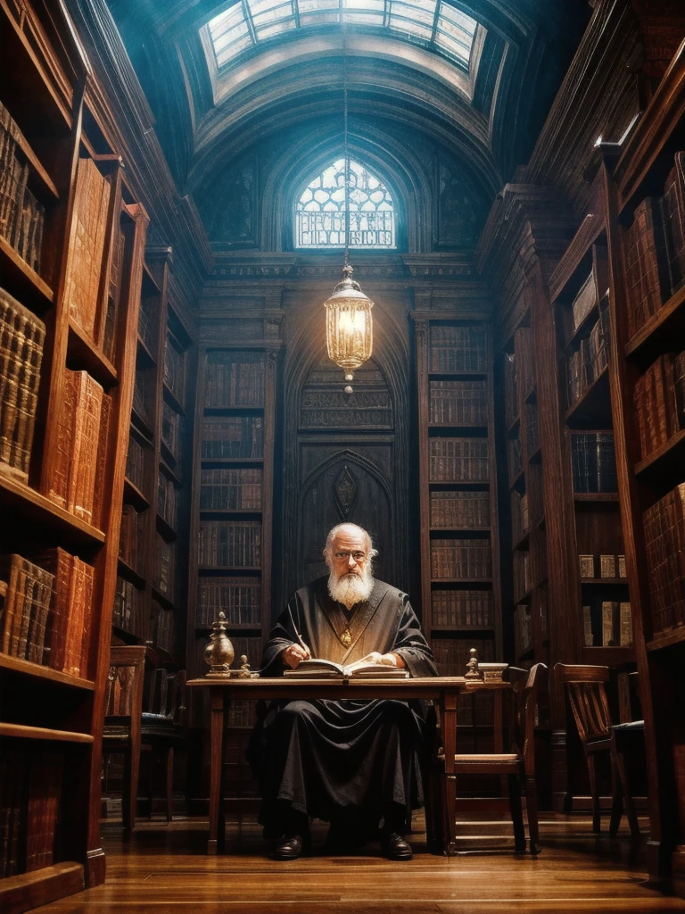 a 120 year old wizard sits in an ancient library,arcane scrolls,magical books,wands,staffs,magical trinkets,ancient artifacts,shelves,crystal ball,portals,magical energy,potions, Hyperrealistic art cinematic film still photography in the style of detailed hyperrealism photoshoot