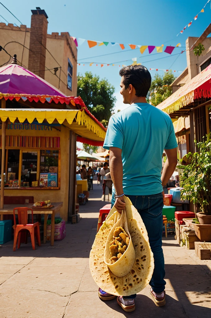 Lord with tortillas in his hand, back city, happy people eating tacos, pixar 