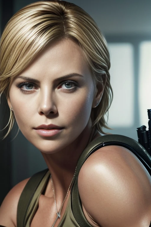 Charlize Theron extremely detailed skin, extra detailed face, photo realistic, high detail eyes, Charlize Theron as Laura Croft