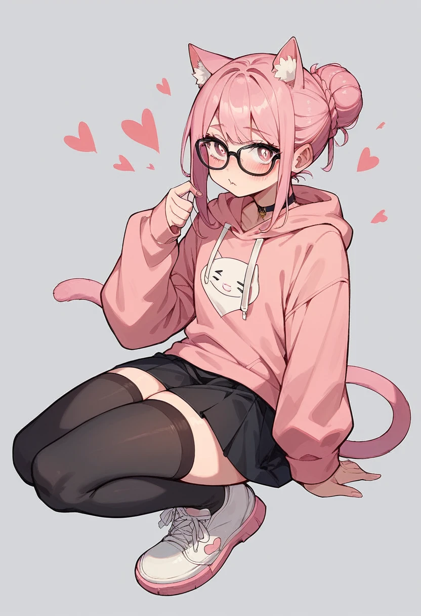 I have white pink hair, cat ears, a bun, my face is super blushing, black glasses, pink heart eyes, a big pink sweatshirt, a black skirt, black stockings, white shoes, a cat&#39;s tail, a girl. Very shy