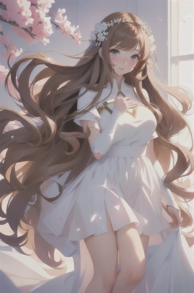 anime girl with long brown hair and white dress in a white room, anime goddess, cute anime waifu in a nice dress, beautiful anime girl, beautiful fantasy anime, anime girl with long brown  hair, beautiful anime woman, anime fantasy artwork, beautiful alluring anime woman, ethereal anime, anime style 4 k, anime art wallpaper 8 k, beautiful anime artwork