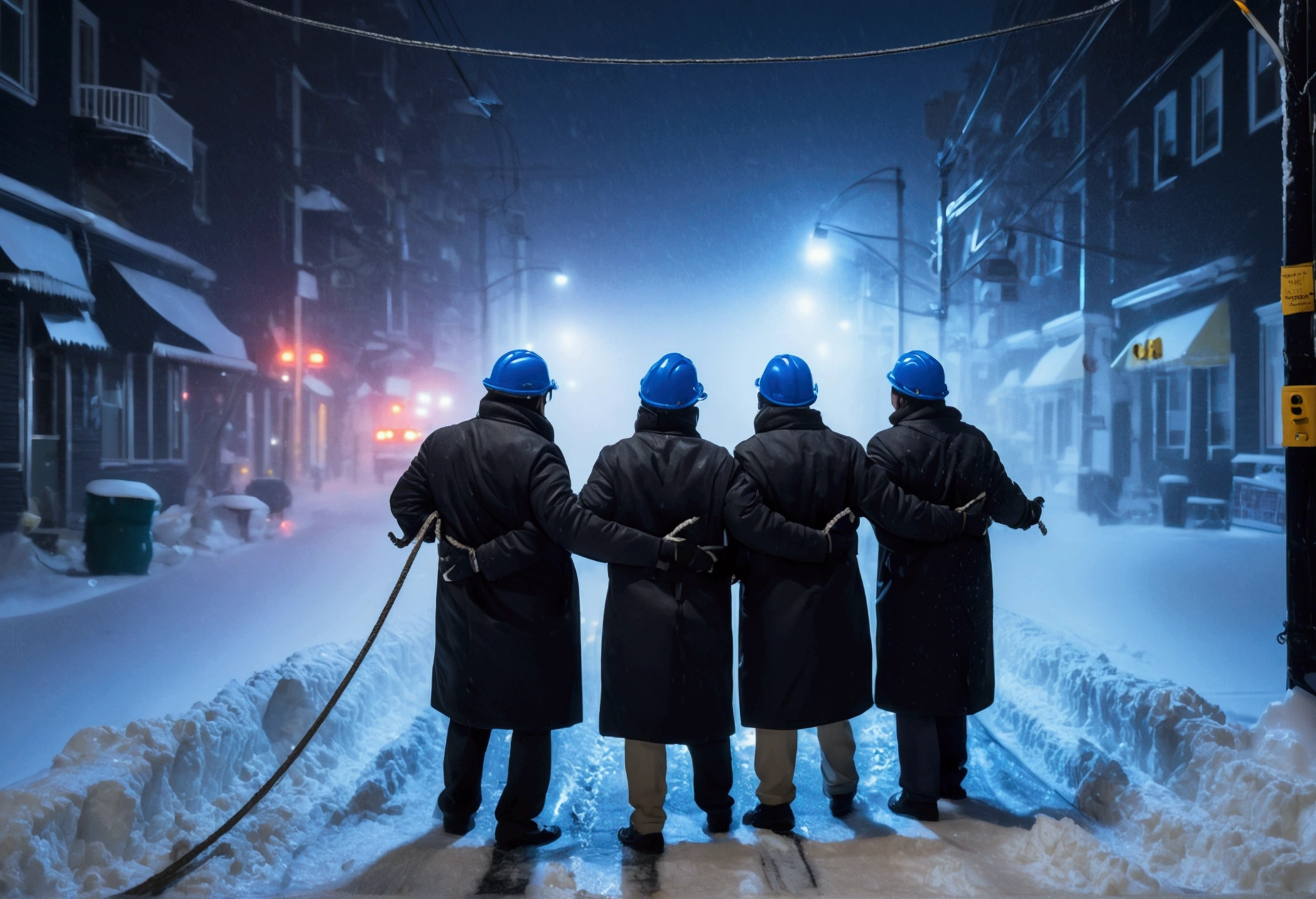 A group of Asian workers wearing blue helmets were pulling pipes forward with ropes. The background is a city street in heavy snow (wearing a black cotton coat: 1.5), (late night, night, night view, lighting: 1.5) (blizzard, blizzard: 1.5), (aerial view, overhead: 1.5)