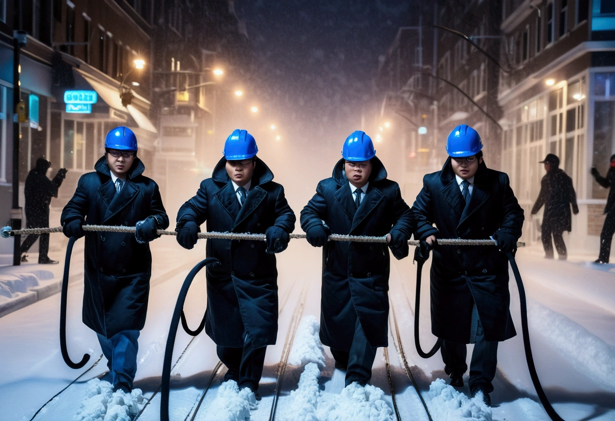 A group of Asian workers wearing blue helmets were pulling pipes forward with ropes. The background is a city street in heavy snow (wearing a black cotton coat: 1.5), (late night, night, night view, lighting: 1.5) (blizzard, blizzard: 1.5), (aerial view, overhead: 1.5)