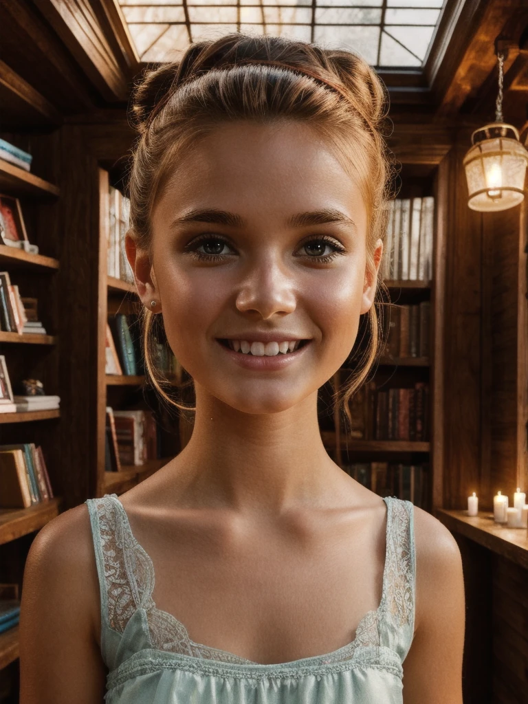 masterpiece:1.20, simple watercolor:1.5, uhd, hdr, 8k, unreal engine 5, ray tracing:1.20, low light painting, dramatic cinematic lighting, vibrant colors, vivid colors, Award-winning facial portrait of young Tinkerbell, (only face and upper body:1.3), (close up:1.2), (dainty young girl:1.30), wearing a loose delicate dress:1.2, single hair bun, looking down sideways, head tilt, (snub nose:1.3, red cheeks:1.20), prominent cheekbones, joyful smile:1.40, glossy skin:1.40 a fairy village, inside a tree house with one big window, office, books, shelves, candles, fairy dust, god rays,
