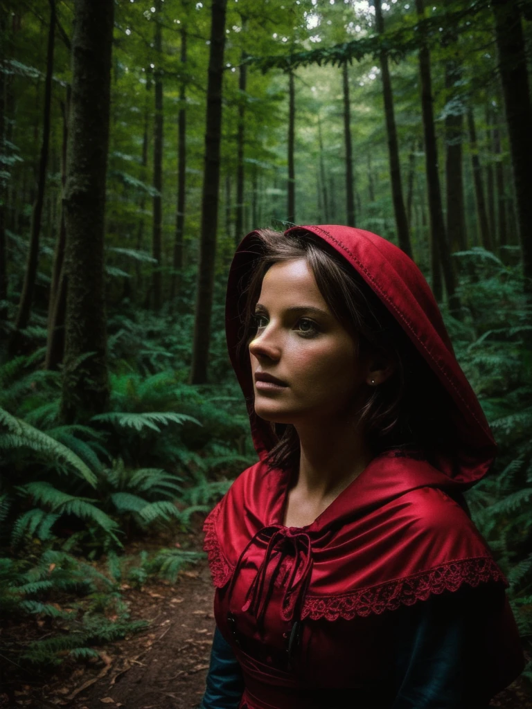 (masterpiece:1.3), highes quality, High quality photo, Little Red Riding Hood weary in the woods, dark, low-key, RAW photo, subsurface scattering, heavy shadow, (high quality:1.4), (intricate, high detail:1.2), professional photography, realistic, ultra realistic, photorealistic, high resolution, film photography, ambient lighting, atmospheric effects, highly detailed and hyper realistic photo of analog film photo of detailed sharp image