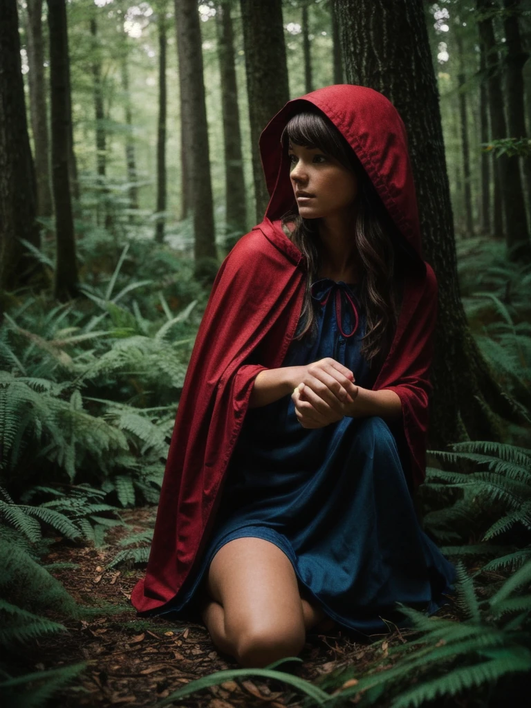 (masterpiece:1.3), highes quality, High quality photo, Little Red Riding Hood weary in the woods, dark, low-key, RAW photo, subsurface scattering, heavy shadow, (high quality:1.4), (intricate, high detail:1.2), professional photography, realistic, ultra realistic, photorealistic, high resolution, film photography, ambient lighting, atmospheric effects, highly detailed and hyper realistic photo of analog film photo of detailed sharp image