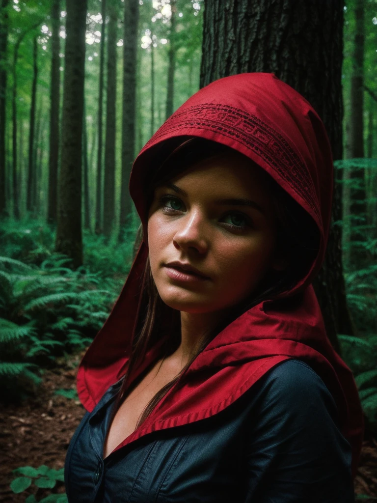 (masterpiece:1.3), highes quality, High quality photo, Little Red Riding Hood weary in the woods, dark, low-key, RAW photo, subsurface scattering, heavy shadow, (high quality:1.4), (intricate, high detail:1.2), professional photography, realistic, ultra realistic, photorealistic, high resolution, film photography, ambient lighting, atmospheric effects, highly detailed and hyper realistic photo of analog film photo of detailed sharp image