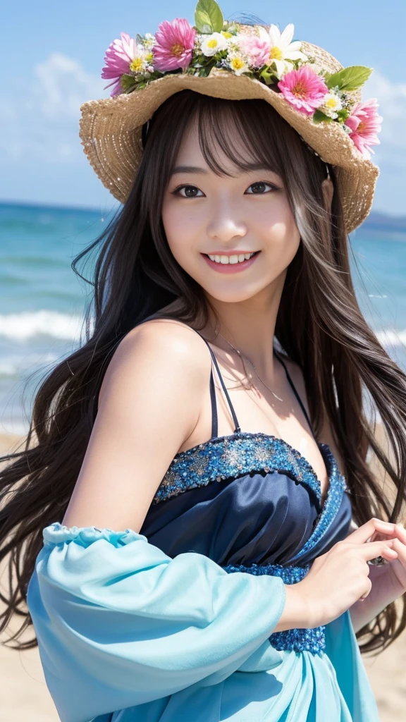Having long flowing hair、Very Beautiful Japan Woman。She is wearing a stylish dress and a flower crown.、She has striking bluish-black eyes and a bright smile.、Dancing happily。The background is a sparkling seaside and sandy beach.。
The image style is realistic.、It adds a touch of glamour.。