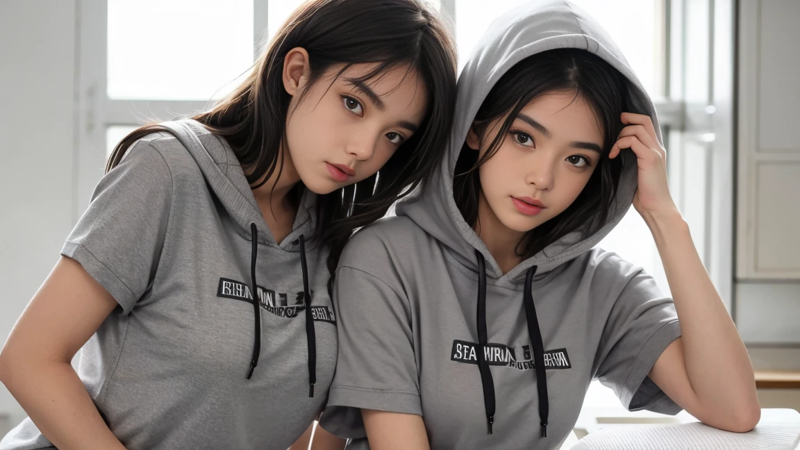 deux femmes ensemble de 18 ans sexy et mince , gray short sleeve hoodie , salle de classe, se touche,position sey,sensuel