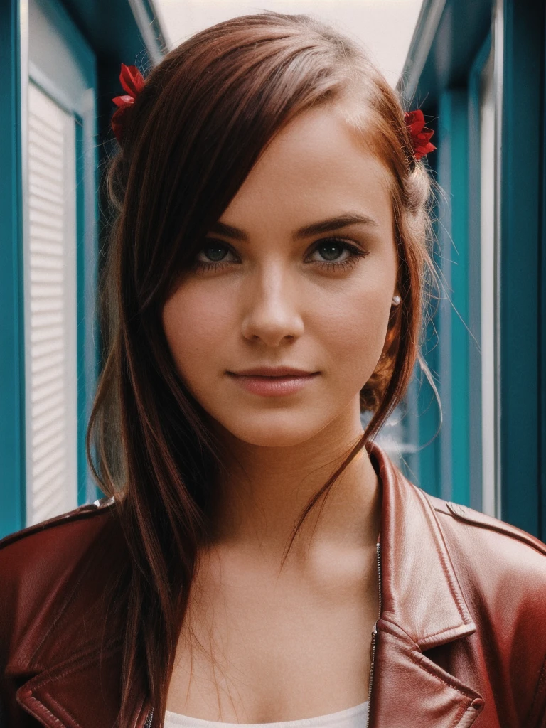 photography, realistic
woman, looking at viewer, dark red jacket, dark red hairband, school hallway, red lockers, close up, happy