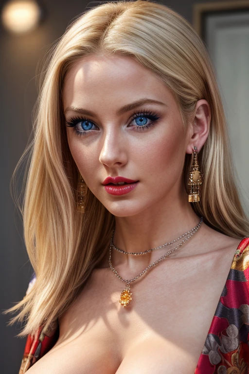 1 beautiful woman, 20 years, Shiny blonde hair, pale white skin (Realistic skin details, Realistic skin), bright blue eyes (very detailed and bright eyes), Red lips, draw up, NECKLACE, earrings, necklace, accessories, perfect body , perfectly round butt, I look at the viewer, sexy pose, (perfect hands), (hands with 5 fingers), (masterpiece), (photorealistic), (8 K), (realistic lighting),kimono, epic neckline, NSFW Chest, blonde, natural big breasts, sexy pose, arched her back sexy