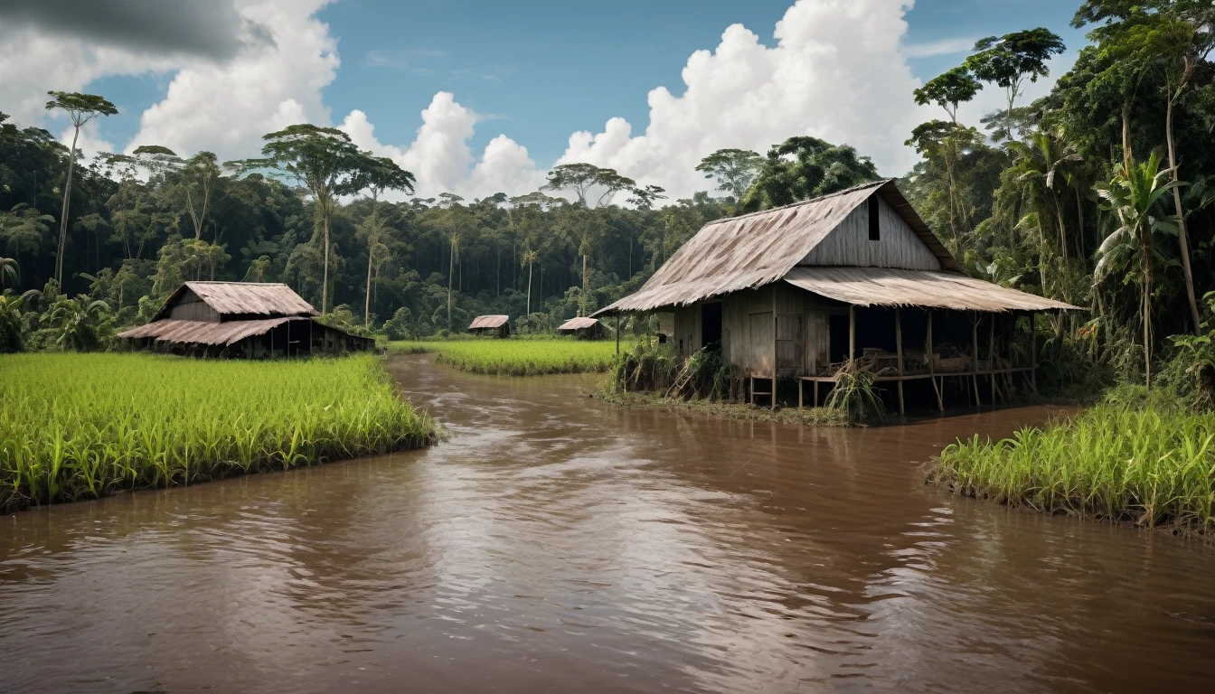 Scary horror image of a small farm in the middle of the Amazon, PICTURE REALISTIC, high resolution, 8k