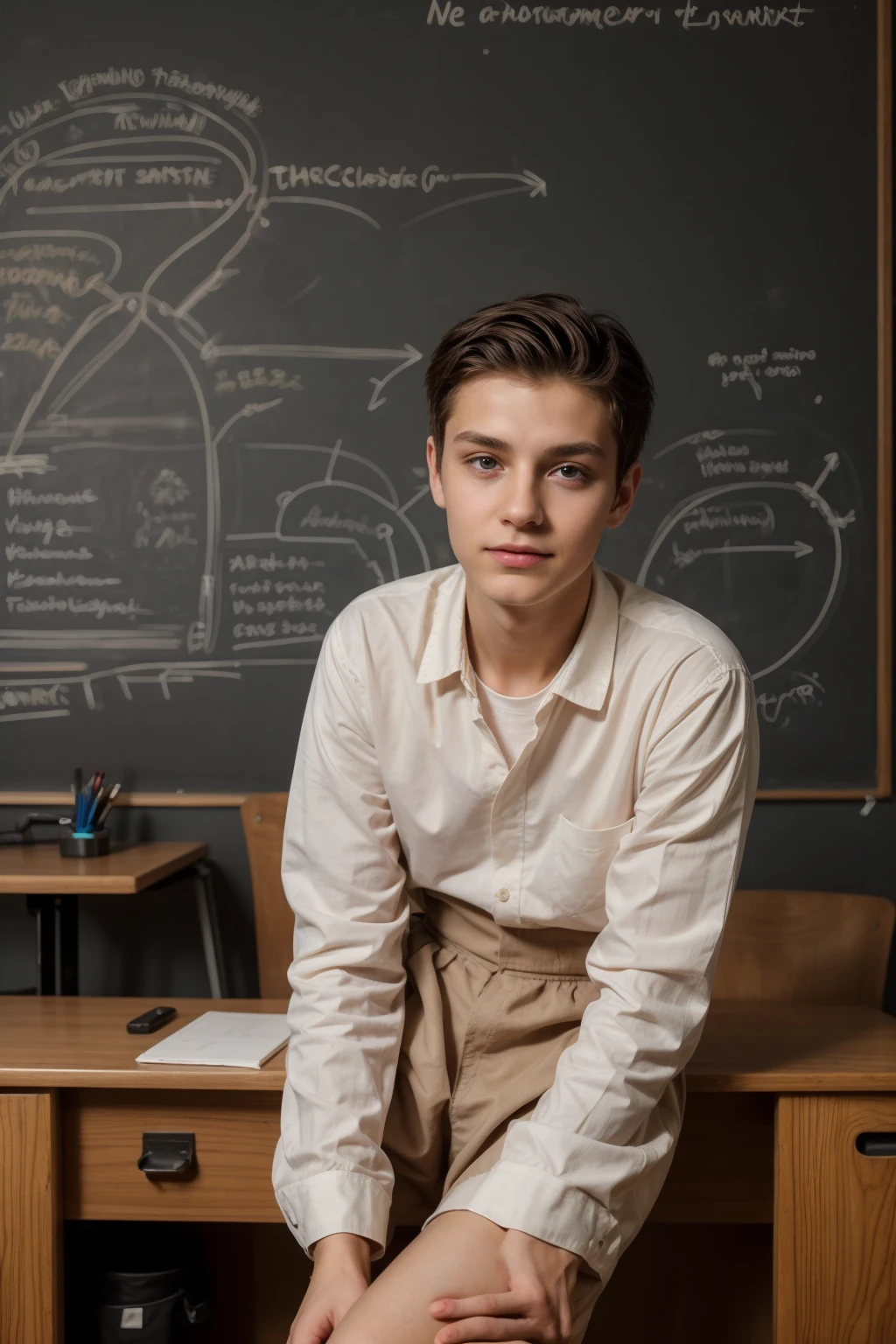 A young male twink, 20 years old, with a cute angel face, with makeup and black hair, wearing a luxurious, long-sleeved, white shirt and brown medieval pants. Behind him is a blackboard with the nerve cells of the brain written on it, and he looks proudly as he sits at a desk with medical tools on it, and he has a face.  Innocent