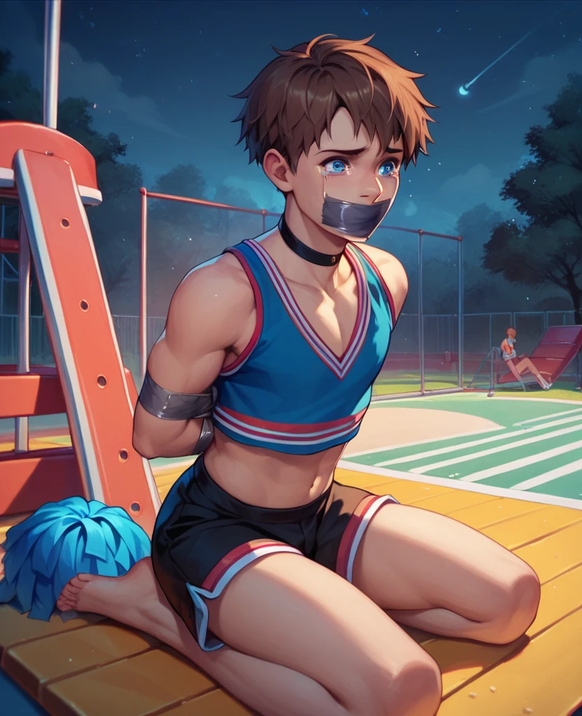 Solo, Male, (Short Brown hair, Blue eyes, Cheerleader outfit, (Tank top, Shorts), black choker), Detailed background, Playground, (Night, Foggy), Tape mouth gag, Hands tied up with tape, Legs tied up with tape, On knees, Tears