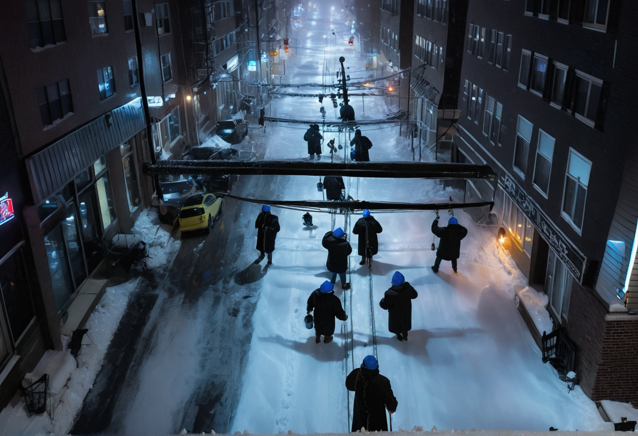 A group of Asian workers wearing blue helmets were pulling pipes forward with ropes. The background is a city street in heavy snow (wearing a black cotton coat: 1.5), (late night, night, night view, lighting: 1.5) (blizzard, blizzard: 1.5), (bird’s-eye view,Looking down from the sky: 1.5)