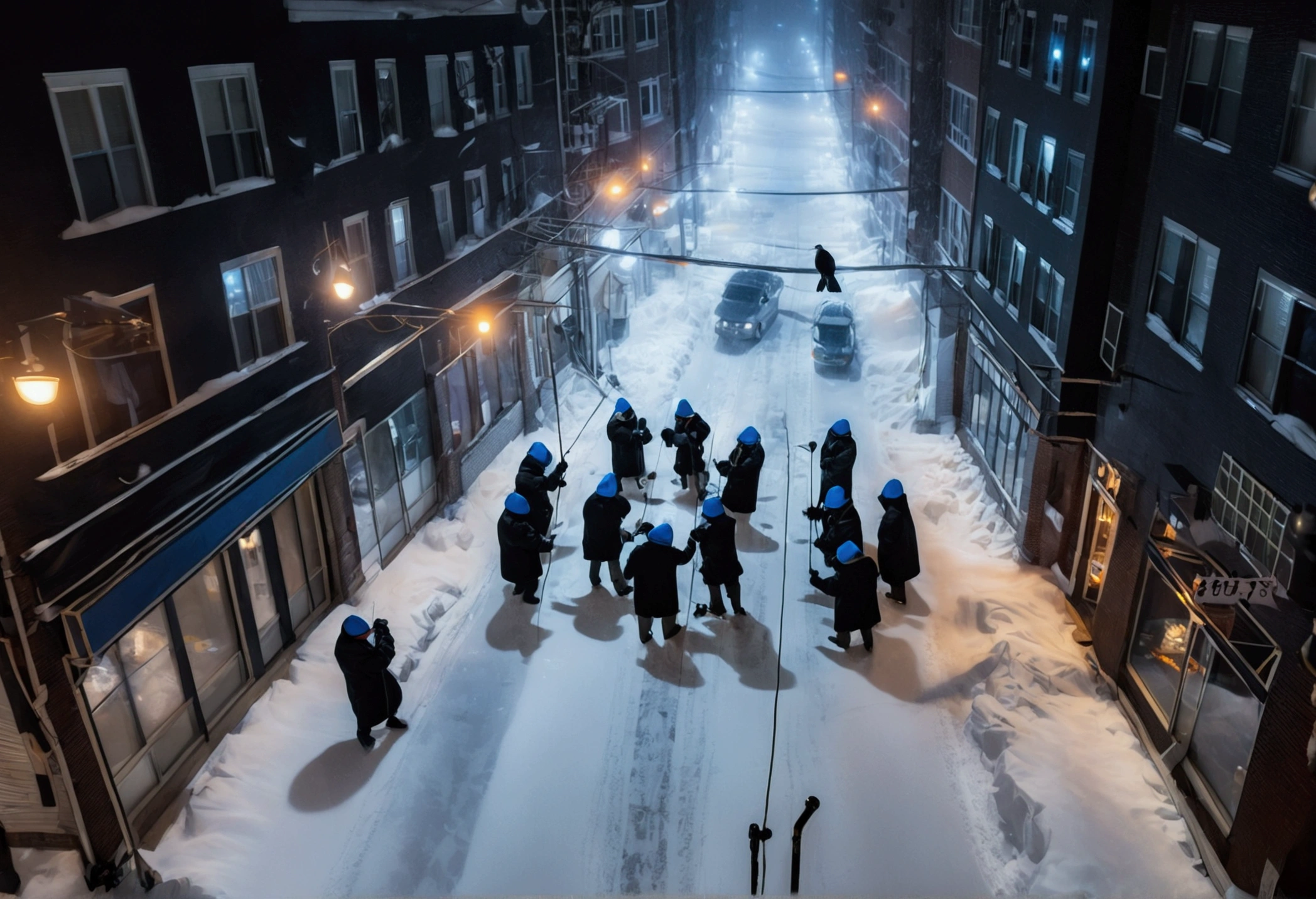 A group of Asian workers wearing blue helmets were pulling pipes forward with ropes. The background is a city street in heavy snow (wearing a black cotton coat: 1.5), (late night, night, night view, lighting: 1.5) (blizzard, blizzard: 1.5), (bird’s-eye view,Looking down from the sky: 1.5)