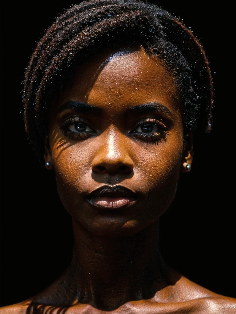 stunning artwork,
80s portrait of a 1980s, Ebony female, symmetrical african female portrait, beautiful makeup, full tattooed, black background, side soft light, highly detailed, melancholic, masterpiece Photography in the style of Oleg Dou, soft light hyper clean photography, (((Oleg Dou photography style)))