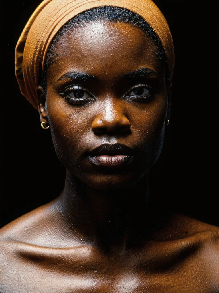 stunning artwork,
80s portrait of a 1980s, Ebony female, symmetrical african female portrait, beautiful makeup, full tattooed, black background, side soft light, highly detailed, melancholic, masterpiece Photography in the style of Oleg Dou, soft light hyper clean photography, (((Oleg Dou photography style)))