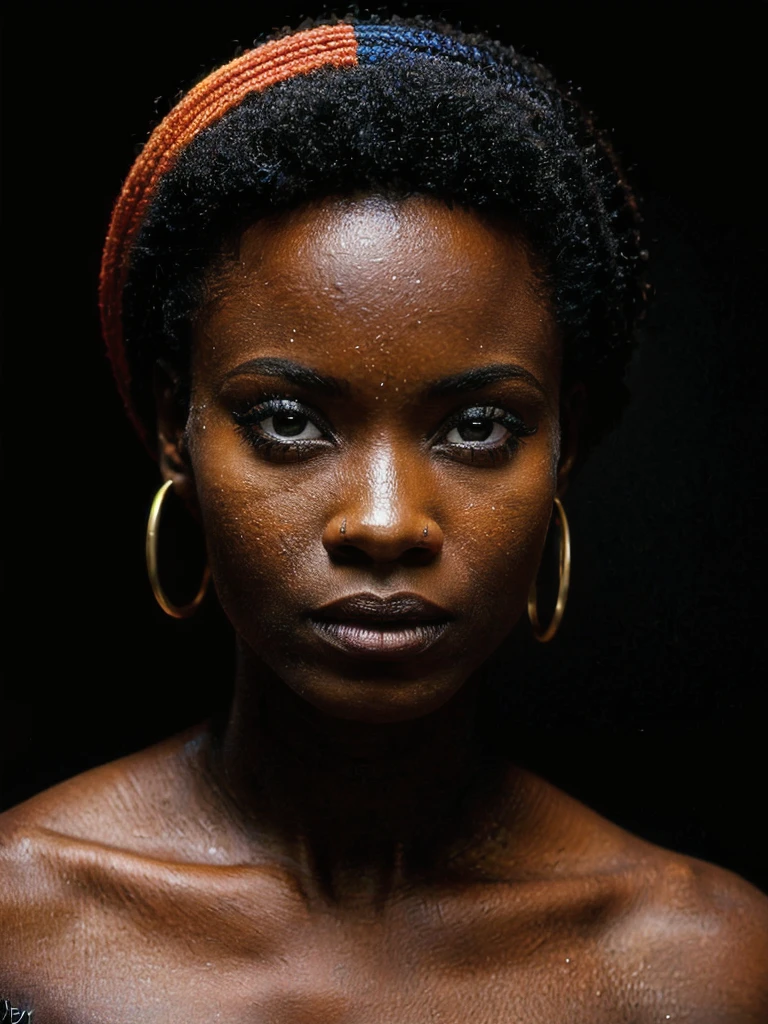 stunning artwork,
80s portrait of a 1980s, Ebony female, symmetrical african female portrait, beautiful makeup, full tattooed, black background, side soft light, highly detailed, melancholic, masterpiece Photography in the style of Oleg Dou, soft light hyper clean photography, (((Oleg Dou photography style)))