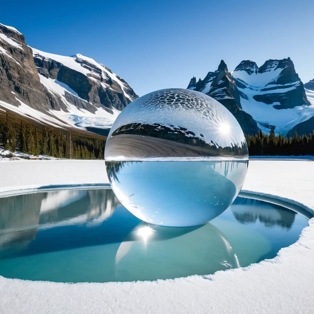 Generates a perfect ice sphere in the foreground, on a flat pool bottom