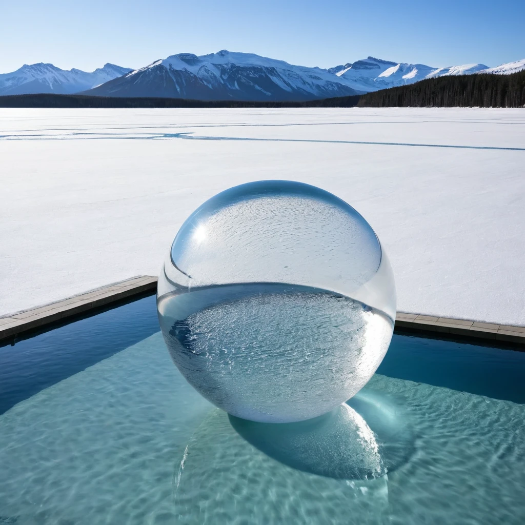 Generates a perfect ice sphere in the foreground, on a flat pool bottom