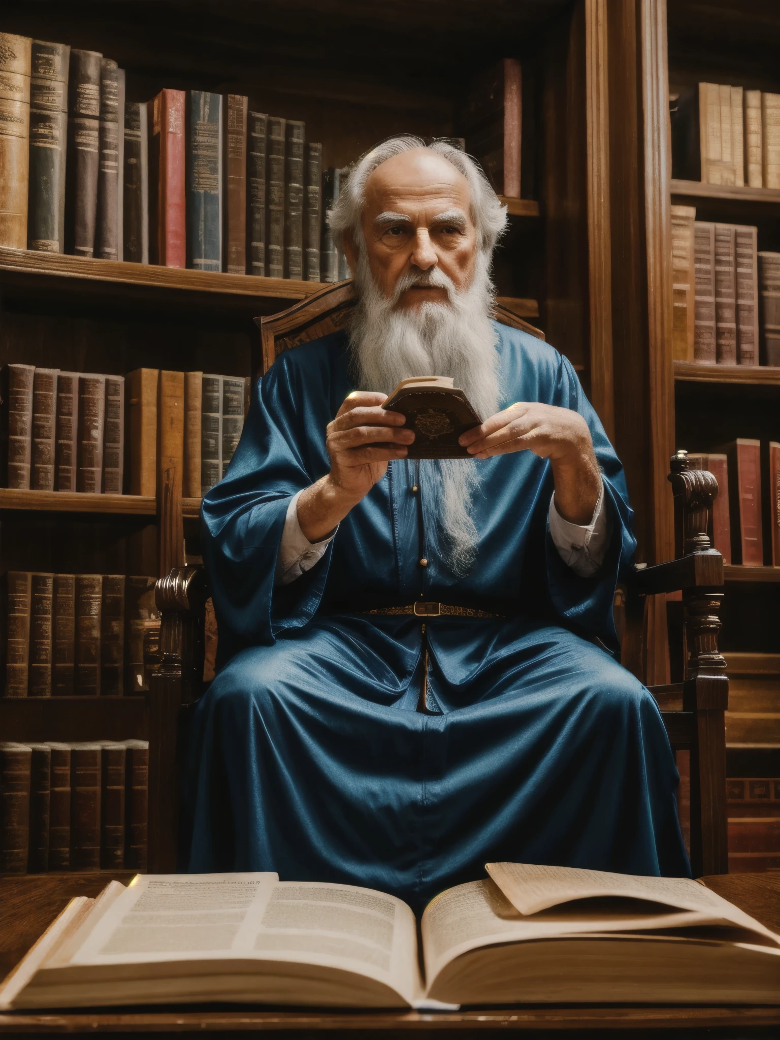 a 120 year old wizard sits in an ancient library,arcane scrolls,magical books,wands,staffs,magical trinkets,ancient artifacts,shelves,crystal ball,portals,magical energy,potions, Hyperrealistic art cinematic film still photography in the style of detailed hyperrealism photoshoot