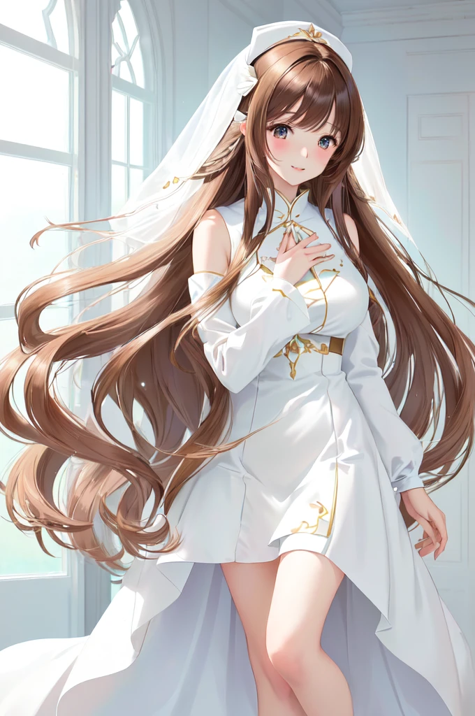 anime girl with long brown hair and white dress in a white room, anime goddess, cute anime waifu in a nice dress, beautiful anime girl, beautiful fantasy anime, anime girl with long brown hair, beautiful anime woman, anime fantasy artwork, beautiful alluring anime woman, ethereal anime, anime style 4 k, anime art wallpaper 8 k, beautiful anime artwork