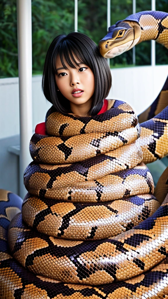 product quality, 1girl, upper body shot, front view, a Japanese young pretty woman, bob hair, masterpiece, best quality, highres, unique hair detailed, breasts out, beautiful detailed eyes, cleavage, snake, (coiled), (python), snake scales detailed, restrained, disgusted face, crying, bedroom, masterpiece}}}, {{highly extreme detailed}}, solo, Focus on the girl, anime, blush, {orgasm}, {sweaty}, {{python sex}}, (((object insertion))), jangle, spread arms, interspecies, bestiality, (Giant python bestiality, Giant python sex, ((Giant python Rape)), Giant python Rape, Giant python Coils, Passionate Squeeze) (((Giant python coils, Passionate squeeze, ))), coils,((the girl is wrapped around a giant python)), ((giant python rape)), giant python sex,