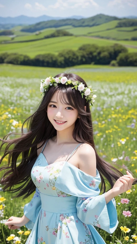 Having long flowing hair、Very Beautiful Japan Woman。She is wearing a stylish dress and a flower crown.、She has striking bluish-black eyes and a bright smile.、Dancing happily。The background is a flower field in full bloom。
The image style is realistic.、It adds a touch of glamour.。