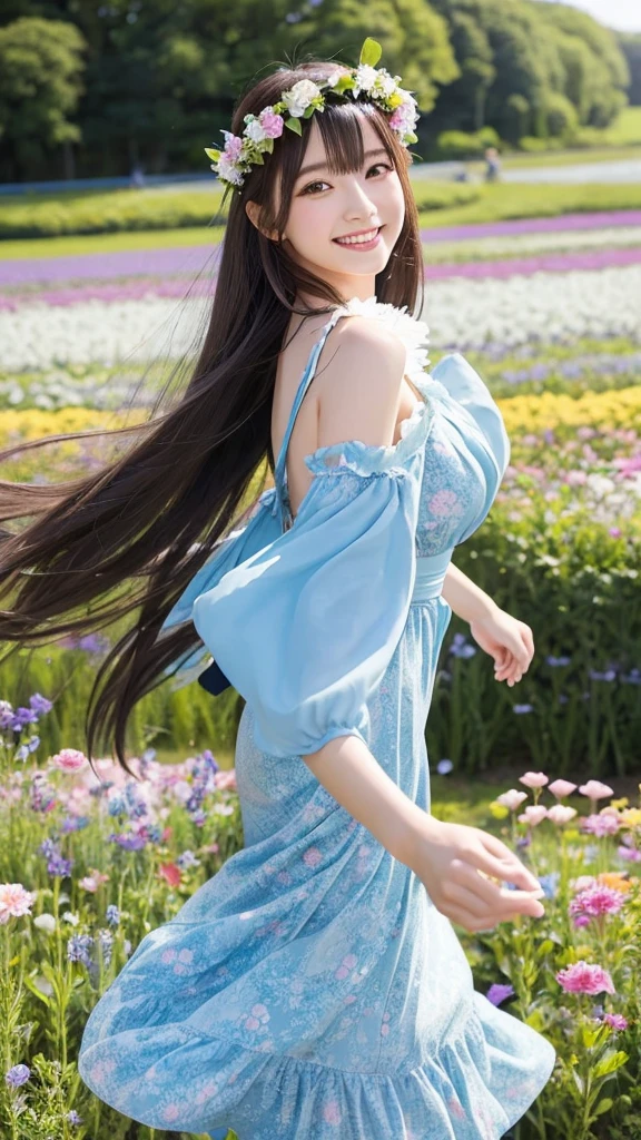 Having long flowing hair、Very Beautiful Japan Woman。She is wearing a stylish dress and a flower crown.、She has striking bluish-black eyes and a bright smile.、Dancing happily。The background is a flower field in full bloom。
The image style is realistic.、It adds a touch of glamour.。
