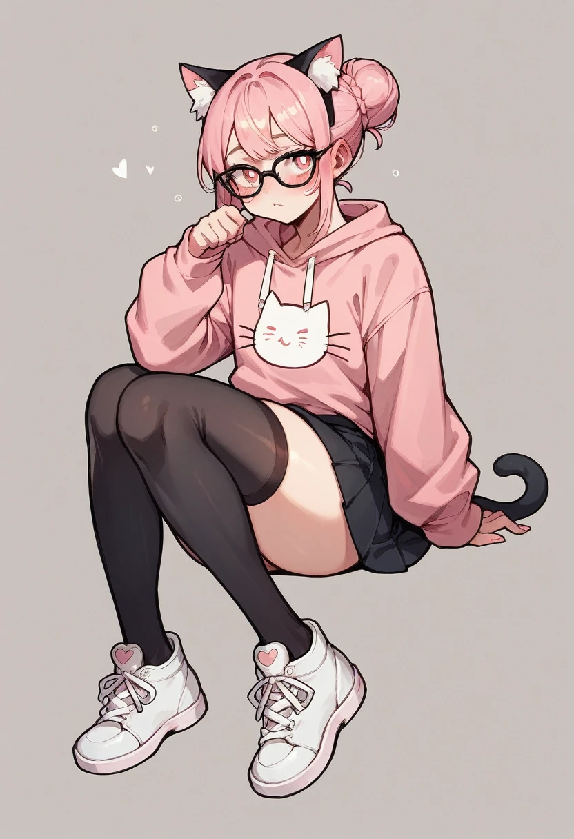 I have white pink hair, cat ears, a bun, my face is super blushing, black glasses, pink heart eyes, a big pink sweatshirt, a black skirt, black stockings, white shoes, a cat&#39;s tail, a girl. Very shy