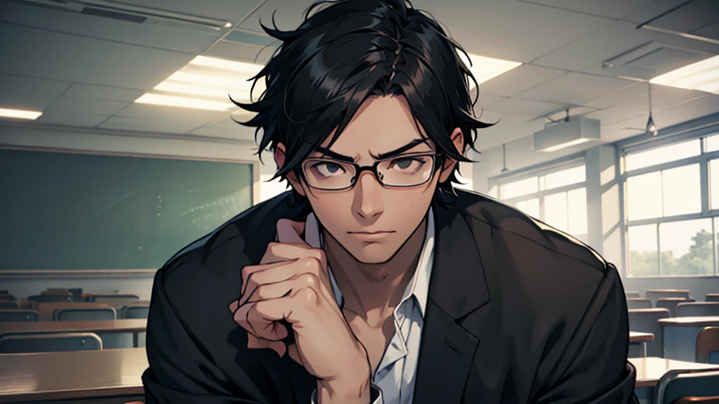 anime, young man, black hair, black eyes, glasses, high , classroom, quiet, gloomy, introvert