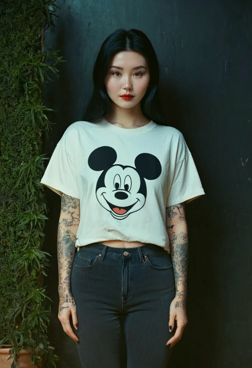 [[highly detailed face]], [[goddess face]], 90s, young woman. An Yakuza girl, oversized white Mickey Mouse t shirt and black denim pants, full body image, she is covered in tattoos, long black hair, high quality images, unreal engine, perfect skin texture, goddess face, photo depth of field, shadows, grainy, seductive analog lofi (by Oleg Oprisco Laura Makabresku), wall, dimly lit, potted plant
