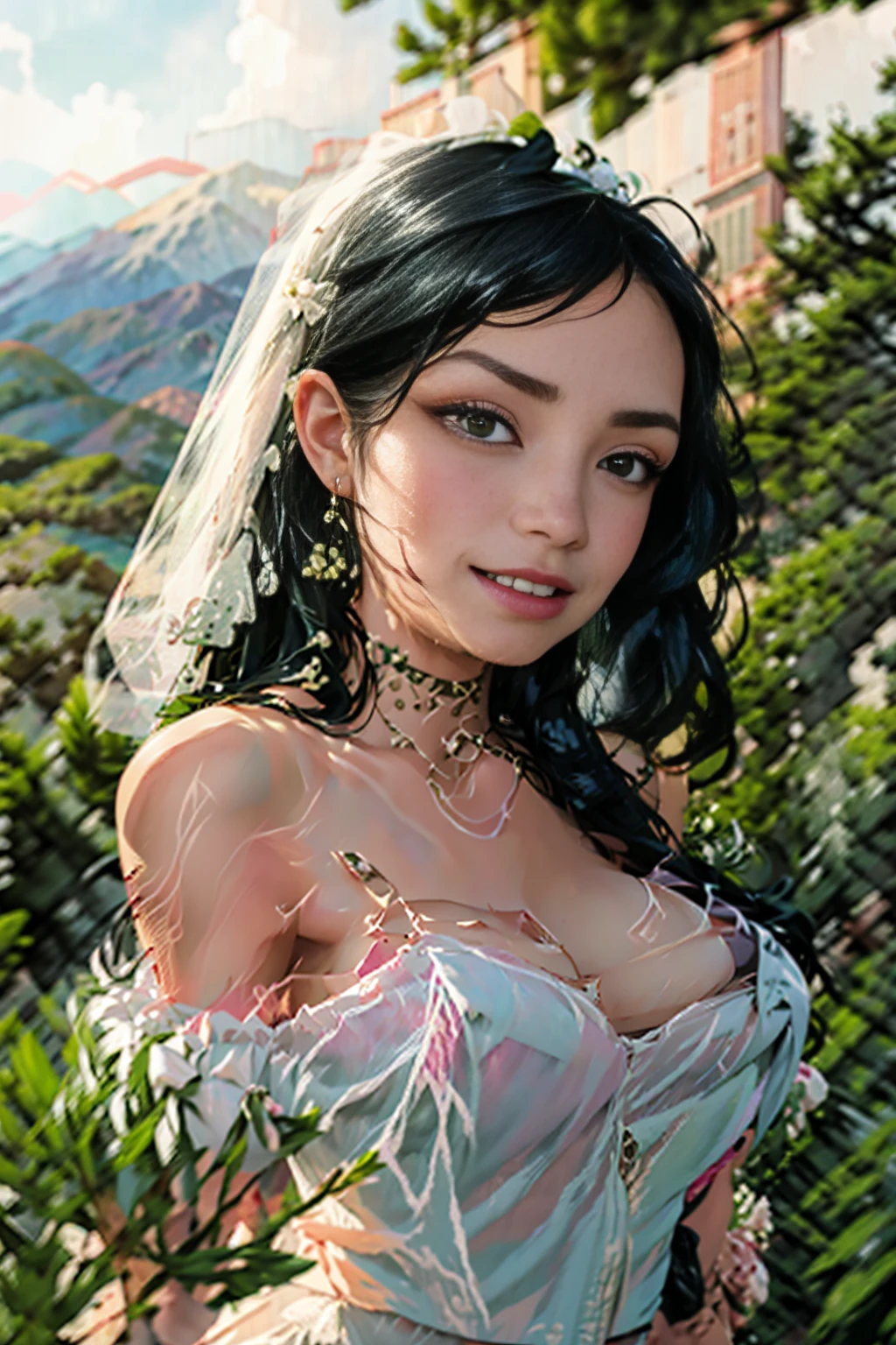 a beautiful woman with long black hair, green eyes, smiling, a portrait of happiness, woman wearing a wedding dress, garden wedding background, mountains in the distance, sexy, escote, inocensia, vista de cuerpo entero, se esta casando