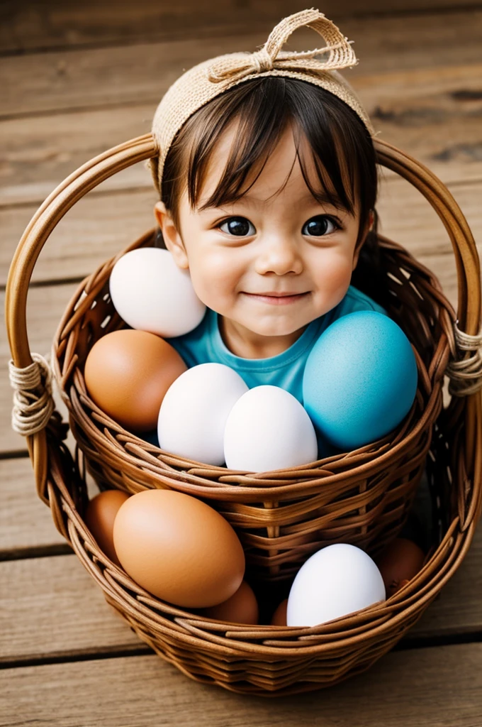 Create an image of a bean with a face, carrying a basket of eggs