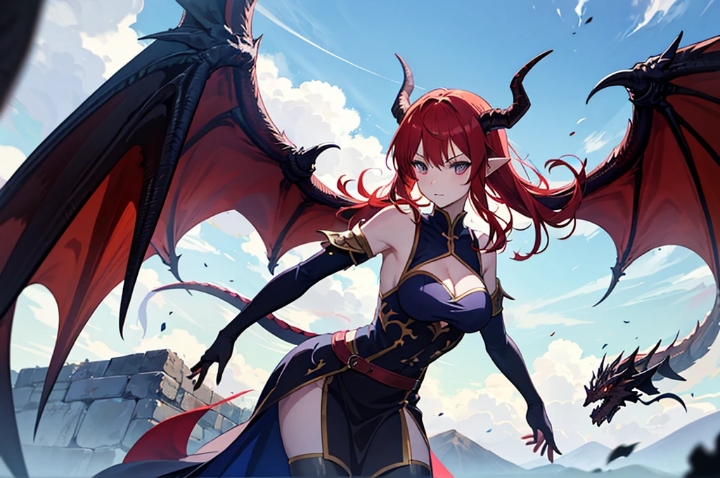 Women with dragon horns, wings and tail, attractive, women with dragon features, redheads, warriors anime medieval style isekai