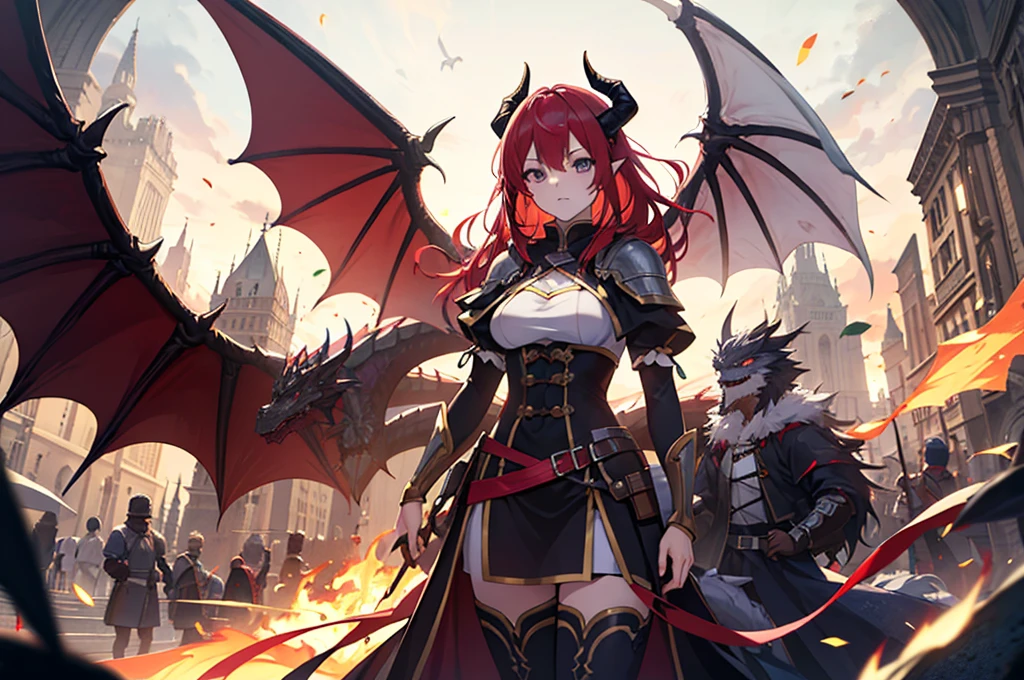 Women with dragon horns, wings and tail, attractive, women with dragon features, redheads, warriors anime medieval style isekai