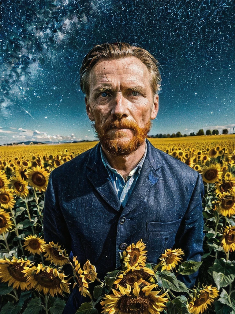 A mesmerizing close-up raw editorial photograph of  Vincent Van Gogh seated in a field, capturing the essence of the legendary artist in deep contemplation. The background showcases a swirling, starry night sky reminiscent of "Starry Night” while the scent of sunflowers fills the air, evoking the presence of the iconic flowers themselves. This captivating portrait combines vibrant colors and rich detail to create a sensory experience that transports the viewer into the world of Van Gogh., portrait photography, photo, vibrant, his eyes are intense, with a deep gaze, and the overall mood of the image is vibrant and dramatic.