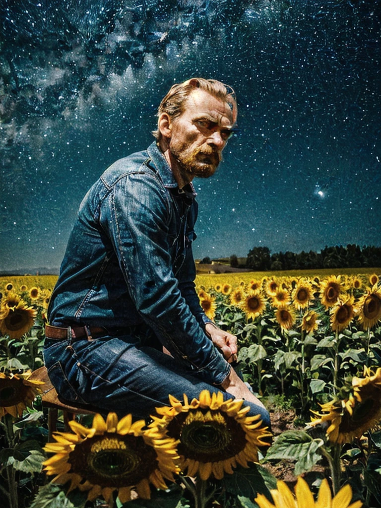 A mesmerizing close-up raw editorial photograph of  Vincent Van Gogh seated in a field, capturing the essence of the legendary artist in deep contemplation. The background showcases a swirling, starry night sky reminiscent of "Starry Night” while the scent of sunflowers fills the air, evoking the presence of the iconic flowers themselves. This captivating portrait combines vibrant colors and rich detail to create a sensory experience that transports the viewer into the world of Van Gogh., portrait photography, photo, vibrant, his eyes are intense, with a deep gaze, and the overall mood of the image is vibrant and dramatic.