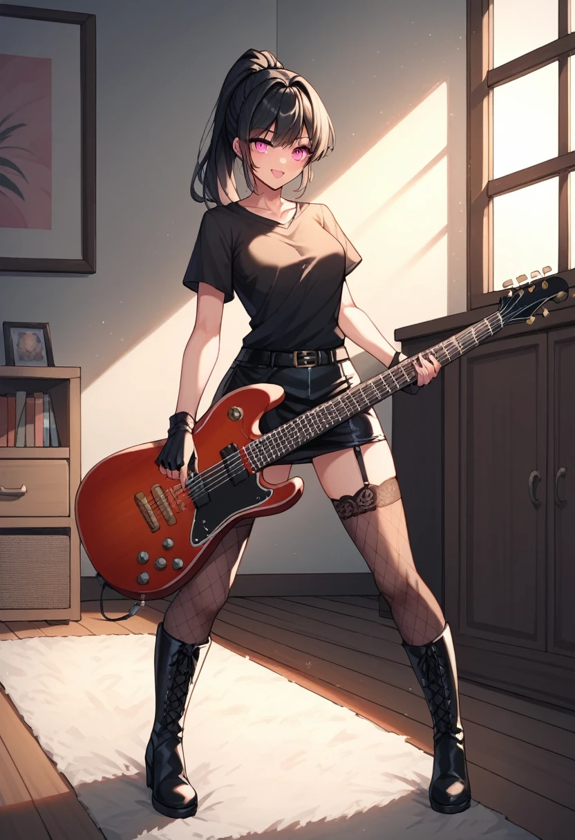 score_9, score_8_up, score_7_up, score_6_up, score_5_up, score_4_up, source_anime, 1woman, worth, полный рост, готический стиль, black hair, ponytail, pink eyes, clean hair, black shirt, leather skirts, plaid stockings, lace-up boots, platforms, electric guitar, колонки, шнур, подключение к колонкам, carpet, leather gloves up to the elbows, rooms, best quality, best res, 4K UHD,