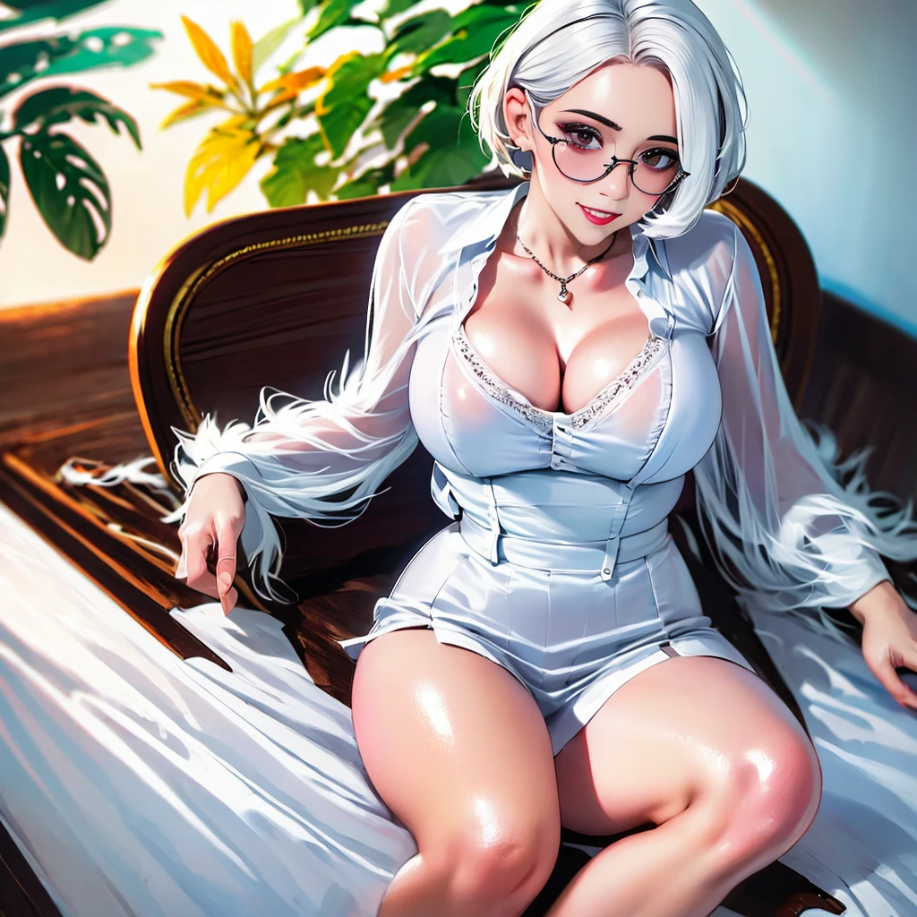 Sweet expression, lying down, white glasses, short white hair, (8k, RAW photo, photorealistic:1.25) ,( lip gloss, eyelashes, glossy face, shiny skin, best quality, super high resolution , depth of field, chromatic aberration, caustics, wide light, natural shadows, Kpop idol) looking at viewer with serenity and goddess-like bliss, full body, big breasts, white underwear, black stockings, see-through shirt, white shirt, secretary