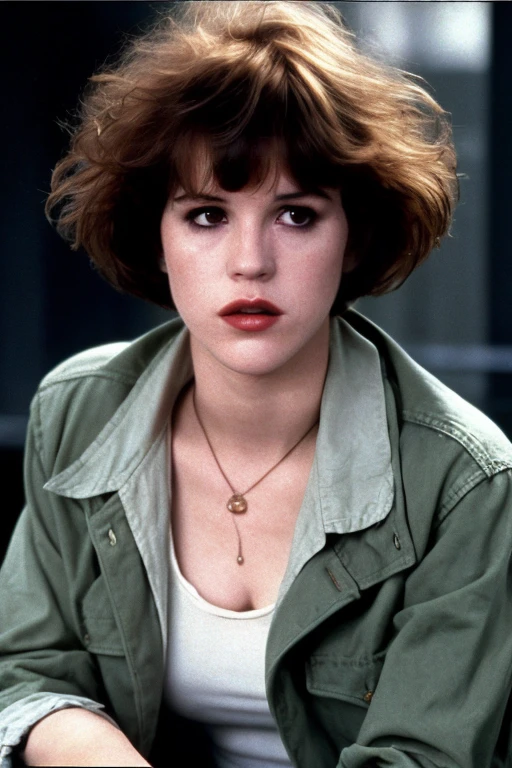 Full shot of eighteen-year-old Molly Ringwald, messy/shaggy razored/layered bob haircut with sideswept bangs, bags under eyes, exhausted eyes, undershadowed eyes, with copper pocketwatch necklace, wearing dark green jacket with sleeves rolled up, white tank top and jeans, extremely realistic, extremely detailed, extreme realism, extreme detail, extremely accurate resemblance, scene from 1986 psychological sci-fi horror film, directed by Michael Mann, cinematography by Dante Spinotti, muted color scheme, muted color palette, neo-noir, tech-noir, atmospheric, moody, Manhunter (1986) influenced, Thief (1981) influenced, bedhead, unkempt hair, insomniac, dark circles under eyes, brooding anti-heroine, cult classic, cult film, complex, elaborate, masterpiece, underlit, dark, cinematic
